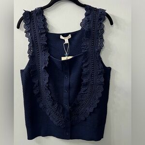 Flint & Moss Navy Blue Sleeveless Lace Faux Button Front Square Neck Top Small